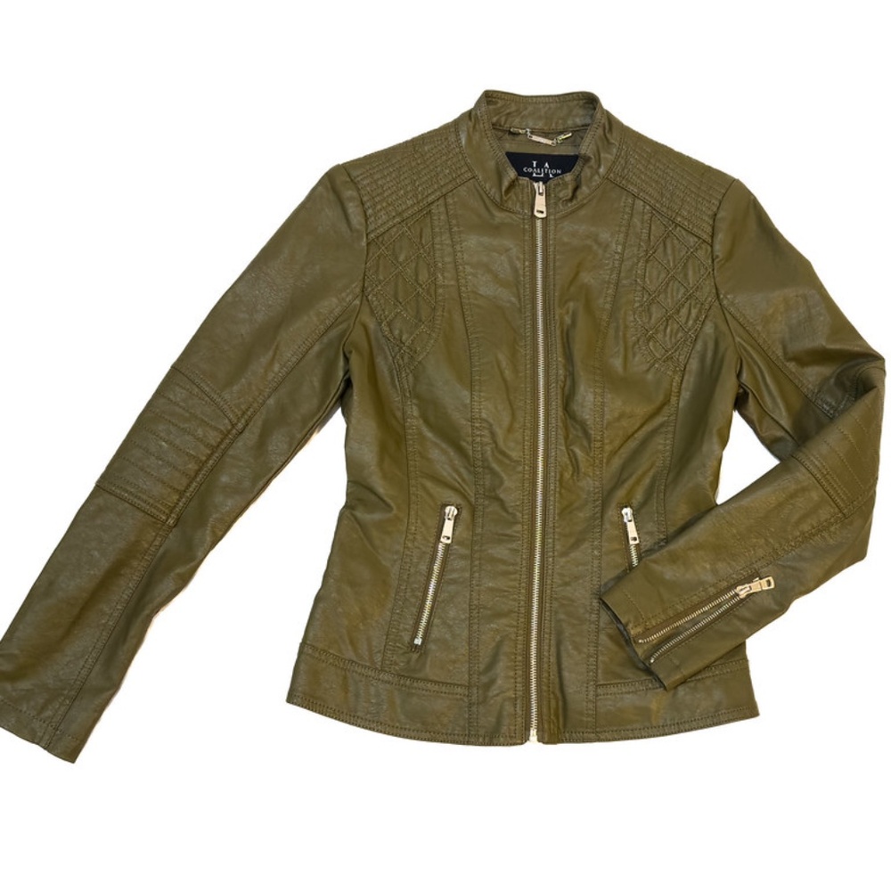 XS La Coalition Faux Leather Jacket in Olive Green Like New